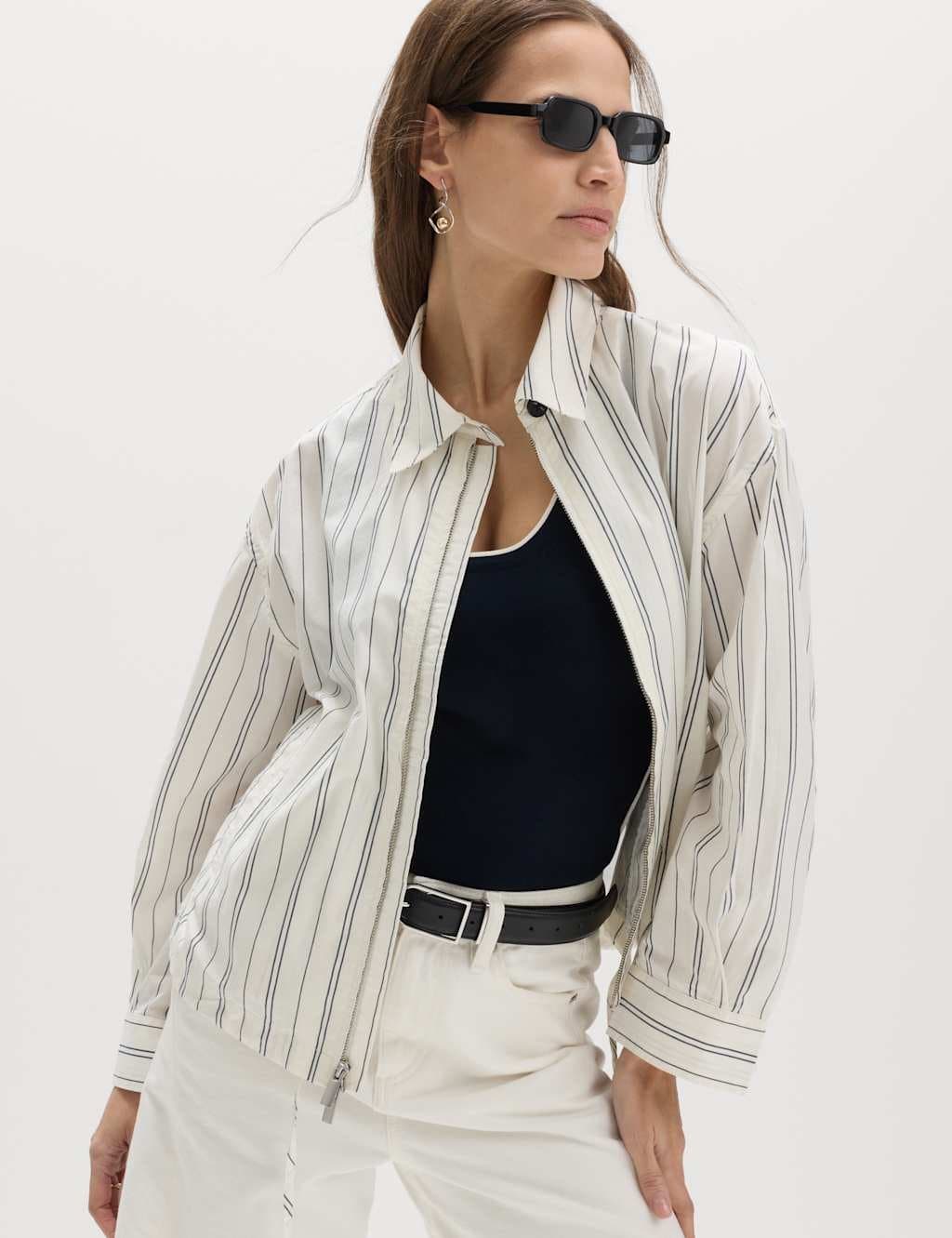 Marks & Spencer M&S Pure Cotton Striped Zip Through Shirt Jacket Ivory Mix