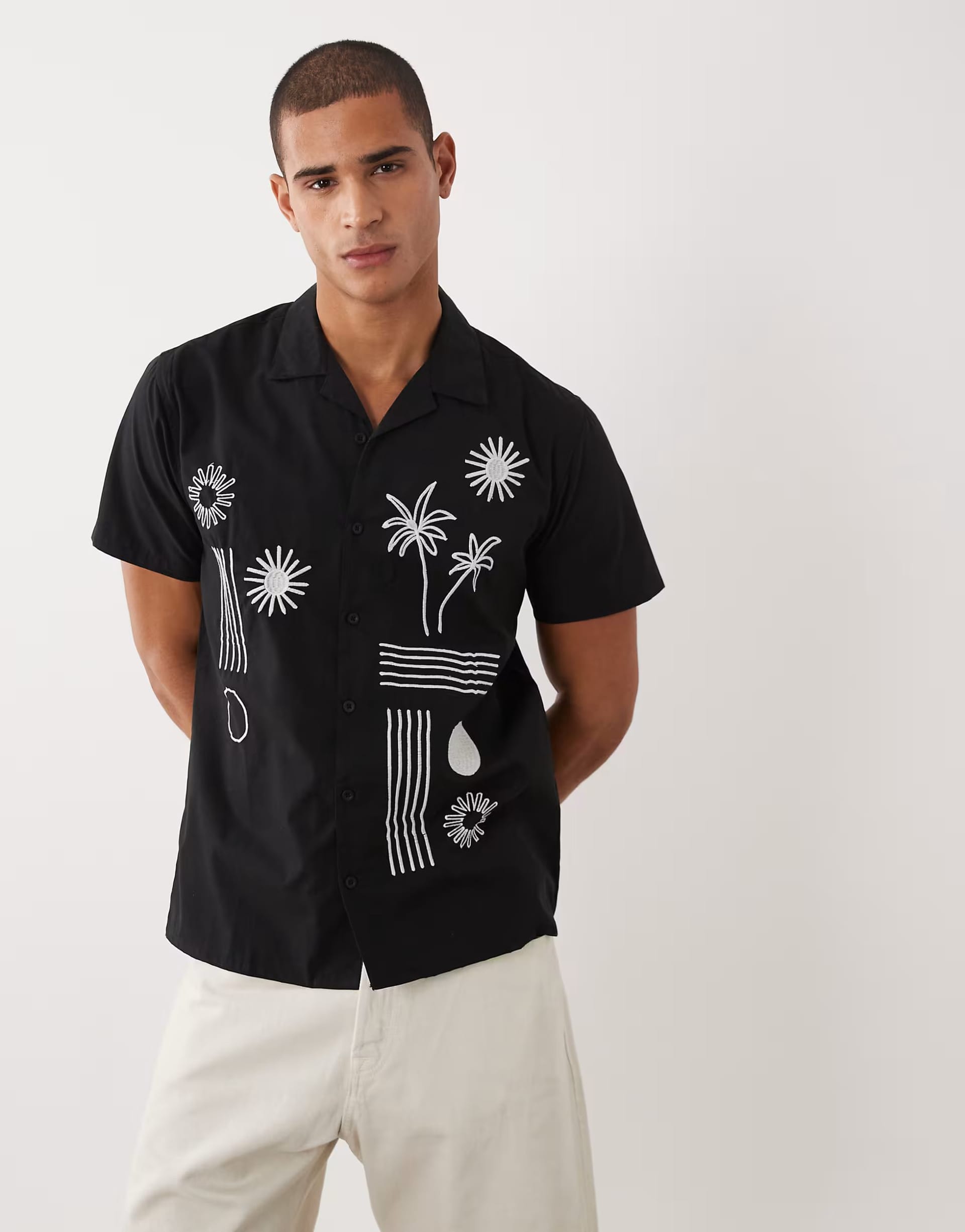 ASOS Black Cotton Short Sleeve Shirt with Flower Embroidery