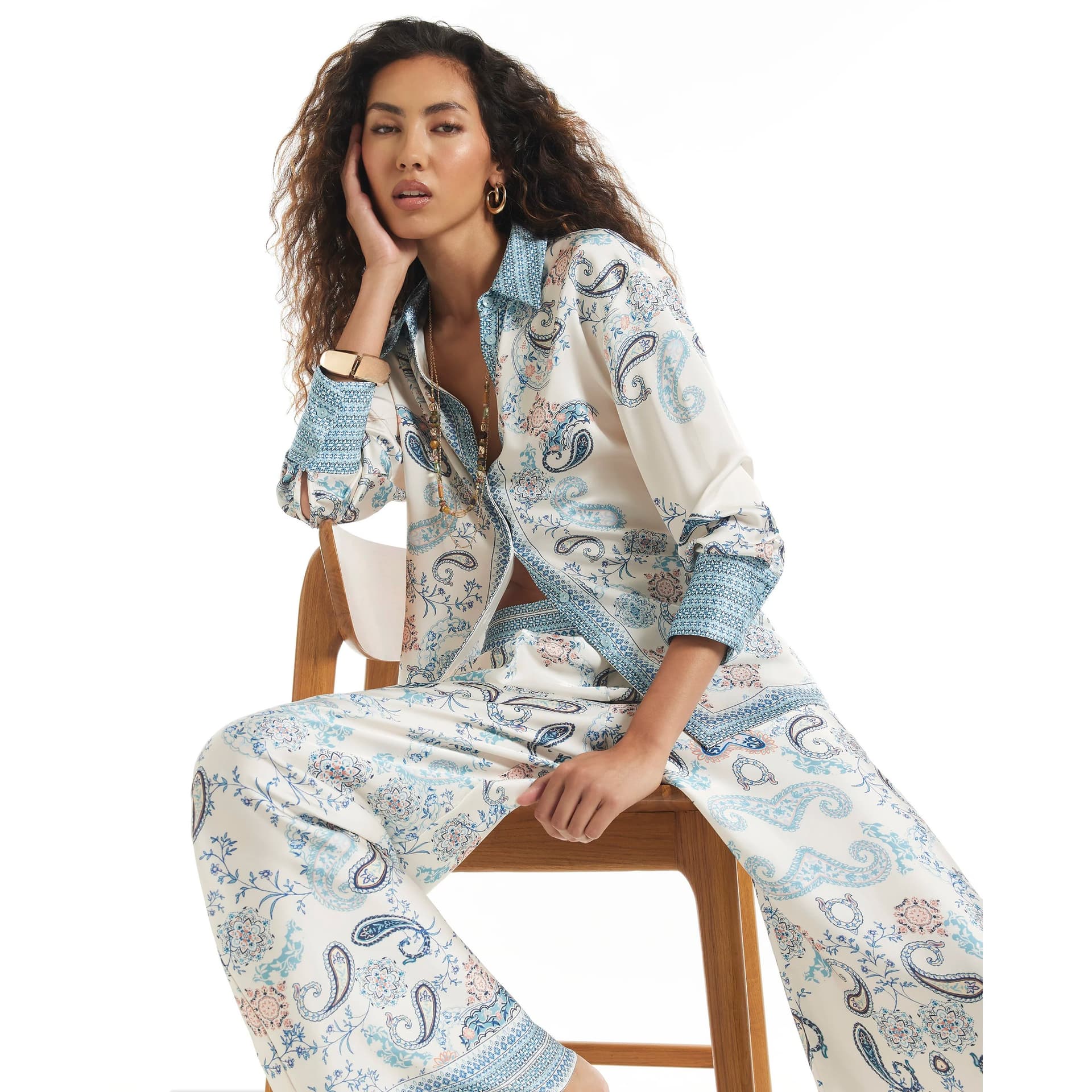 River Island River Island Womens Blue Satin Paisley Oversized Shirt