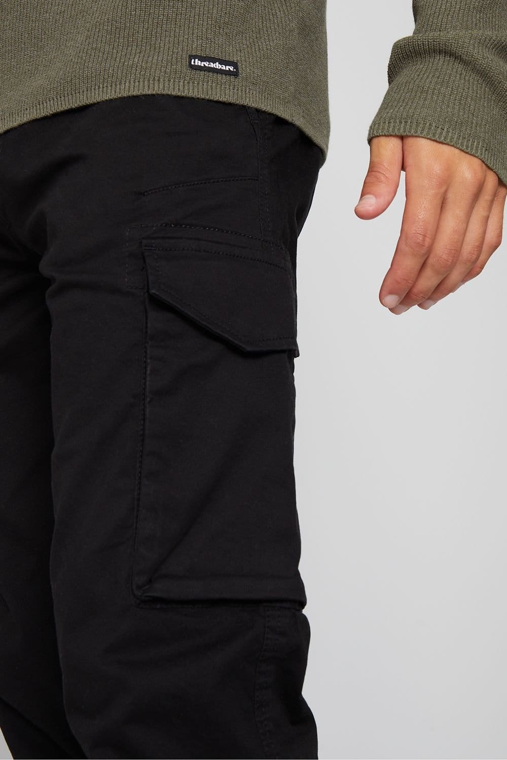 Threadbare Threadbare Men's 'Drill' Cotton Cargo Trousers With Stretch in Black - 4