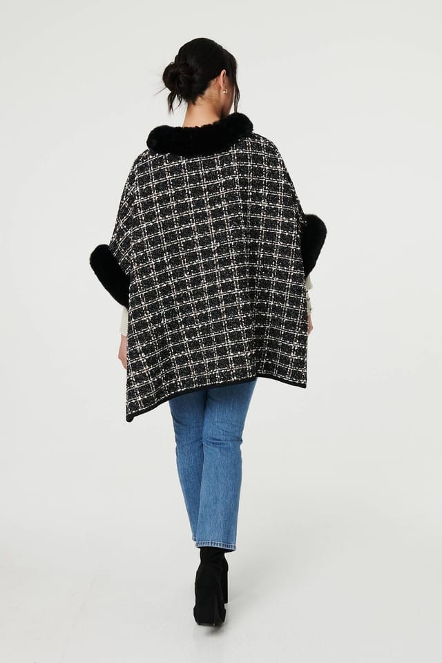Izabel London Izabel London Women's Checked Faux Fur Trim 3/4 Sleeve Poncho in Black - 3