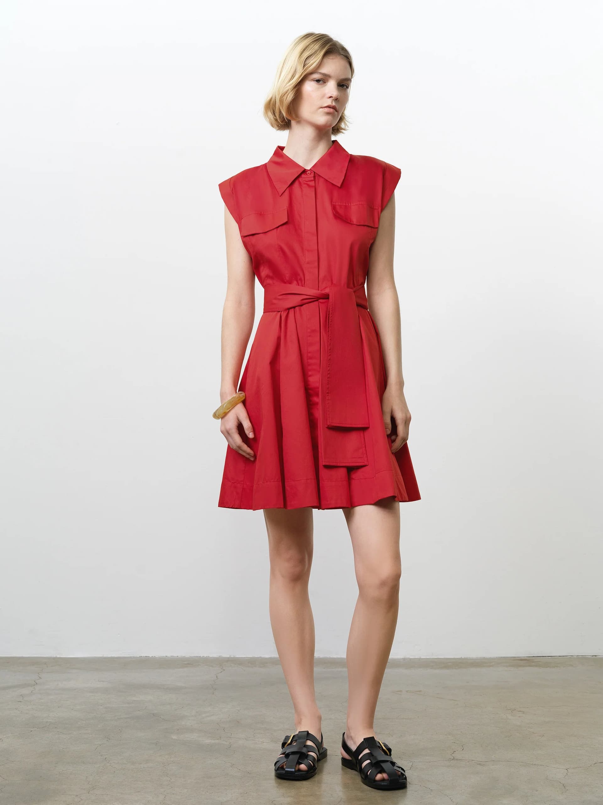 French Connection Alexis Cotton Belted Shirt Mini Dress Watermelon Red