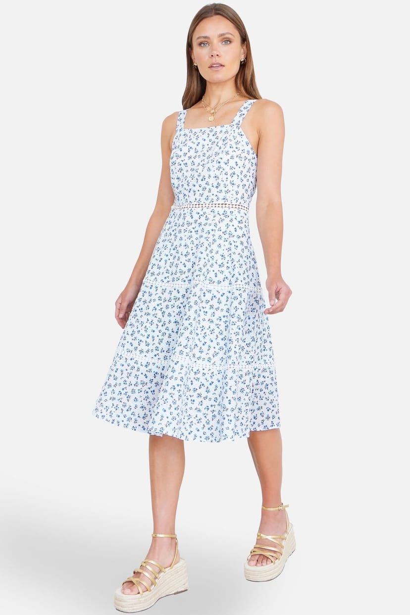 Yumi Yumi Women's White Ditsy Floral Cotton Midi Sun Dress With Lace Trims in Cool White - 1