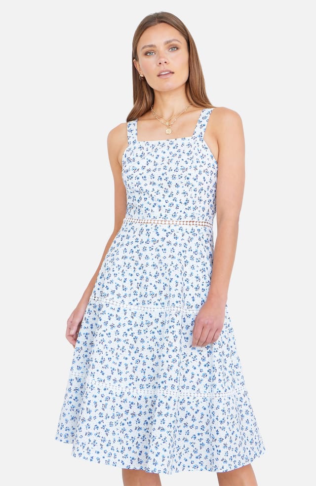 Yumi Yumi Women's White Ditsy Floral Cotton Midi Sun Dress With Lace Trims in Cool White - 2
