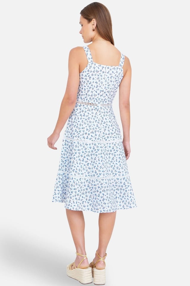 Yumi Yumi Women's White Ditsy Floral Cotton Midi Sun Dress With Lace Trims in Cool White - 3