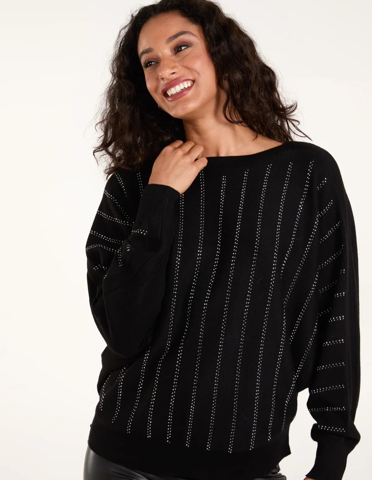 Blue Vanilla Striped Diamante Batwing Jumper