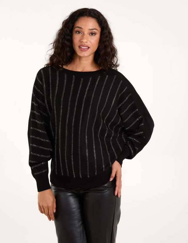 Blue Vanilla Striped Diamante Batwing Jumper - 2