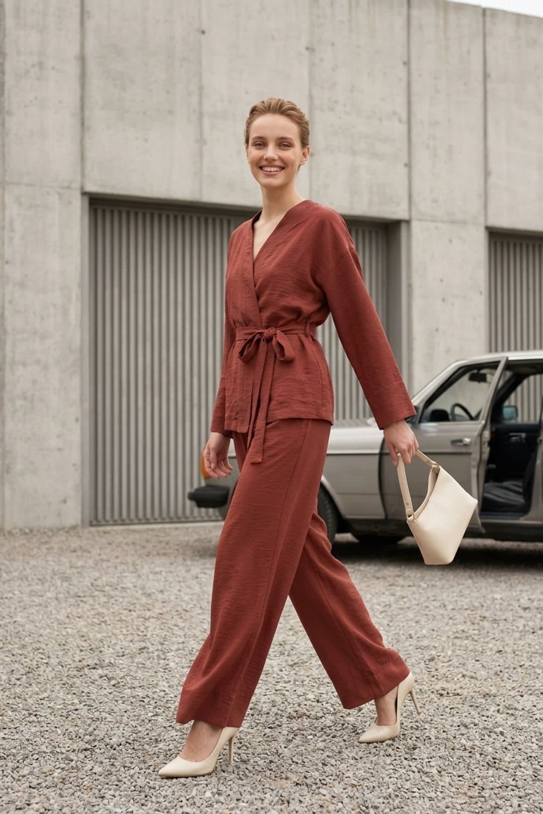 MyFashion MyFashion Women's Belted V-neck Long Sleeve Two-Piece Set in Terracotta