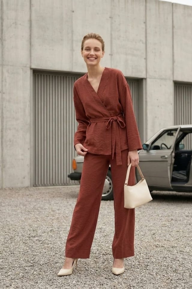MyFashion MyFashion Women's Belted V-neck Long Sleeve Two-Piece Set in Terracotta - 2