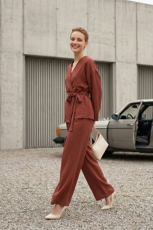 MyFashion MyFashion Women's Belted V-neck Long Sleeve Two-Piece Set in Terracotta - 3