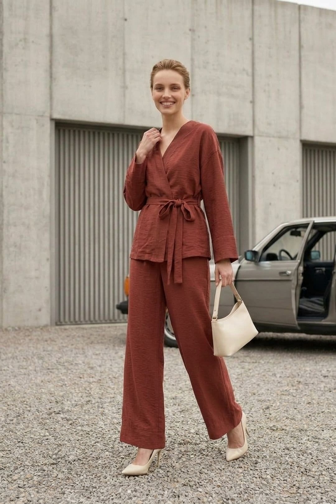 MyFashion MyFashion Women's Belted V-neck Long Sleeve Two-Piece Set in Terracotta - 4