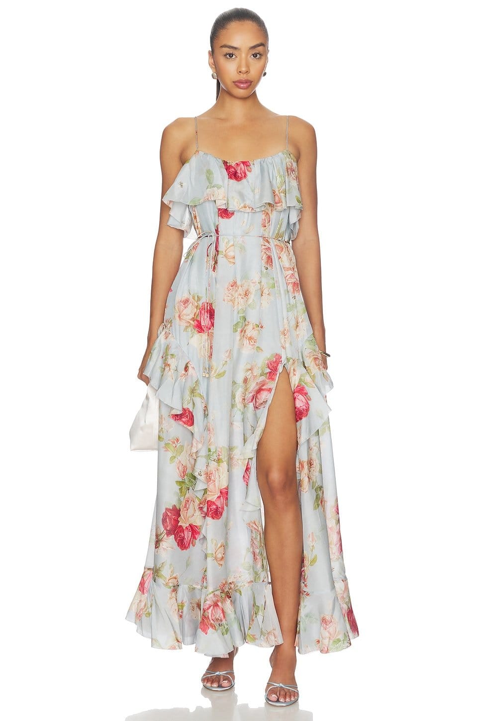 Revolve Roselight Frill Maxi Dress in Blue Rose Floral