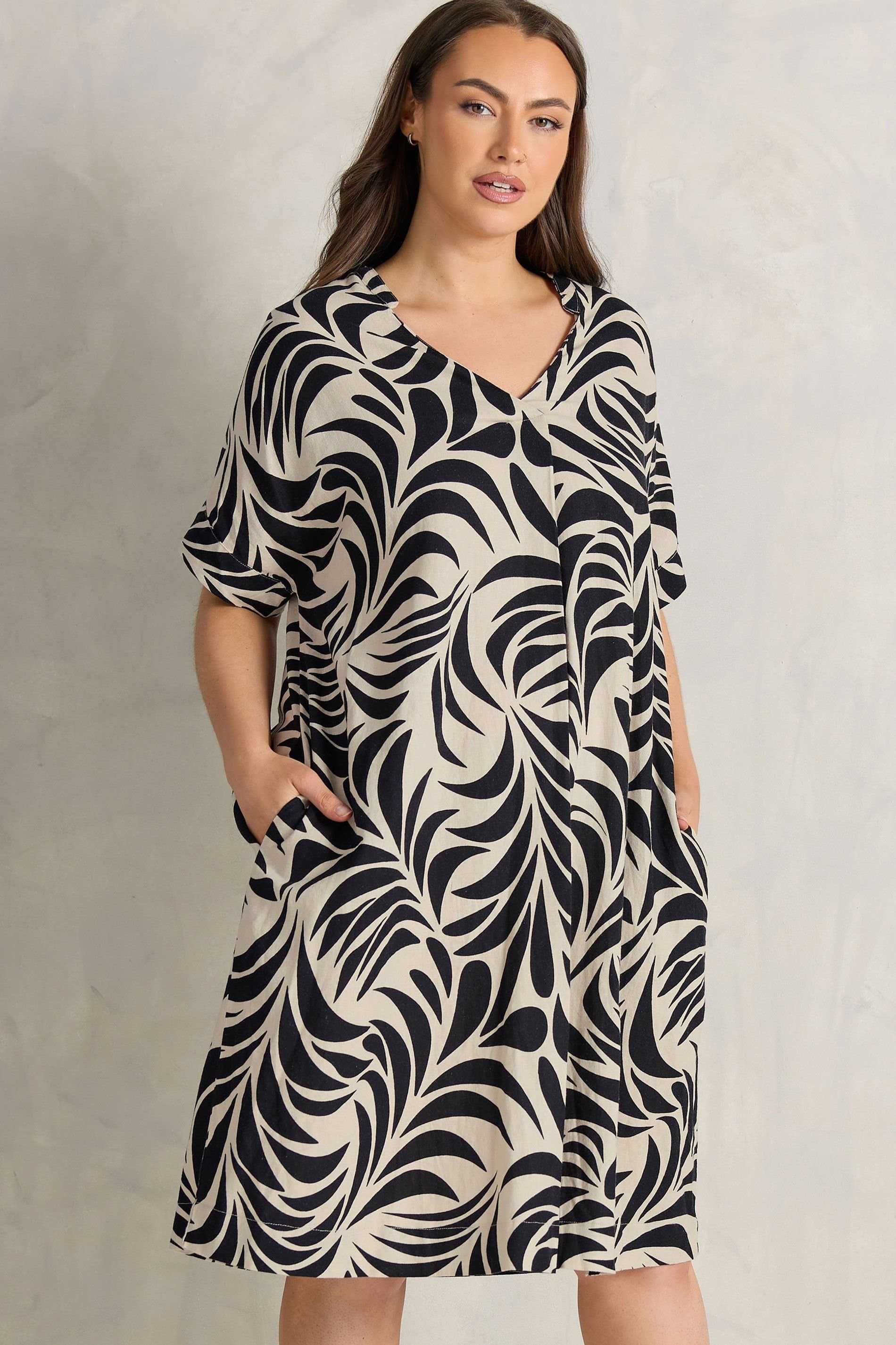 Evans Evans Women's Premium Linen Printed Shift Dress in Cream