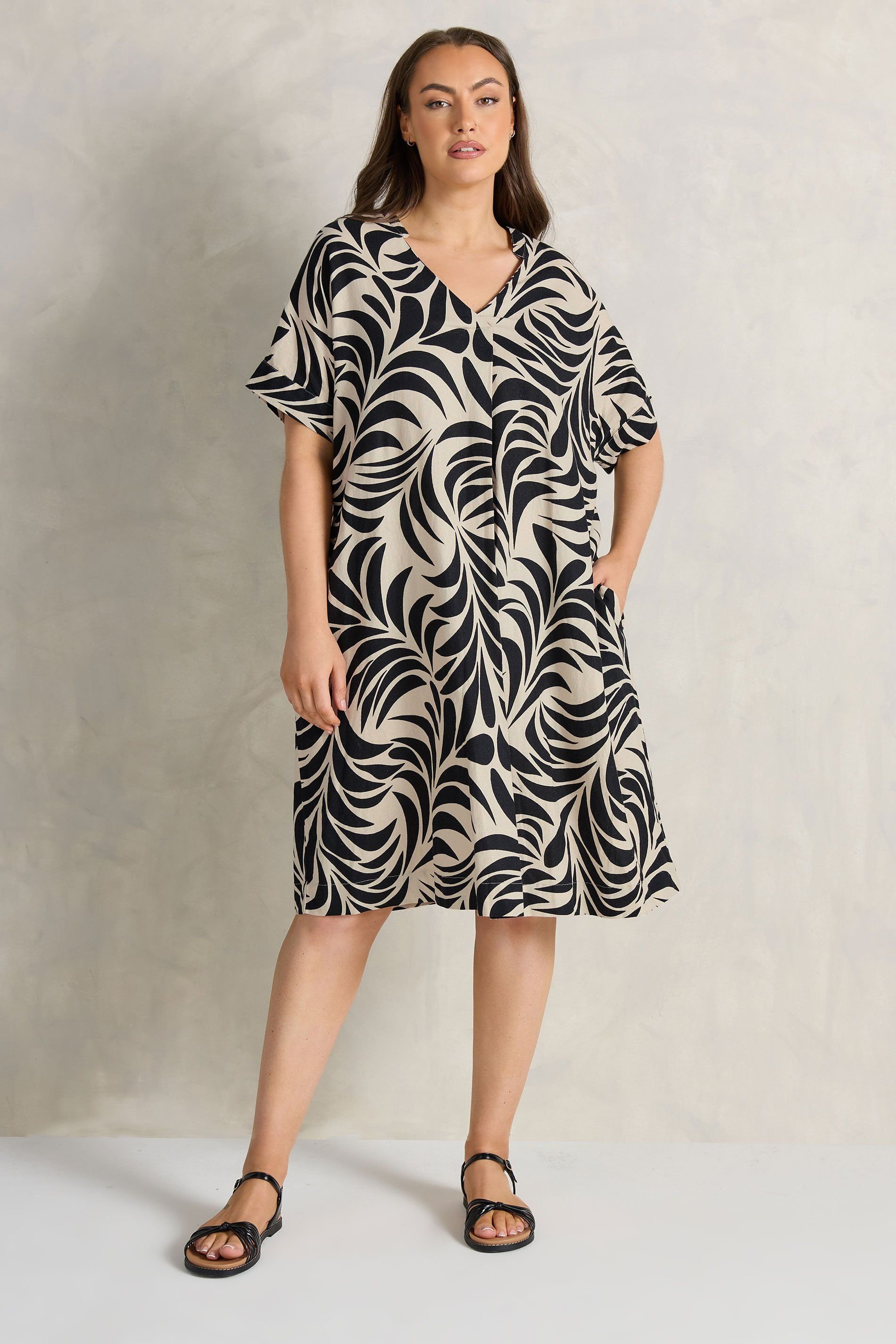 Evans Evans Women's Premium Linen Printed Shift Dress in Cream - 3