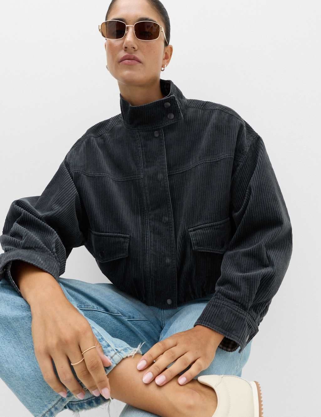 Marks & Spencer M&S Pure Cotton Cord Funnel Neck Bomber Jacket Grey Blue