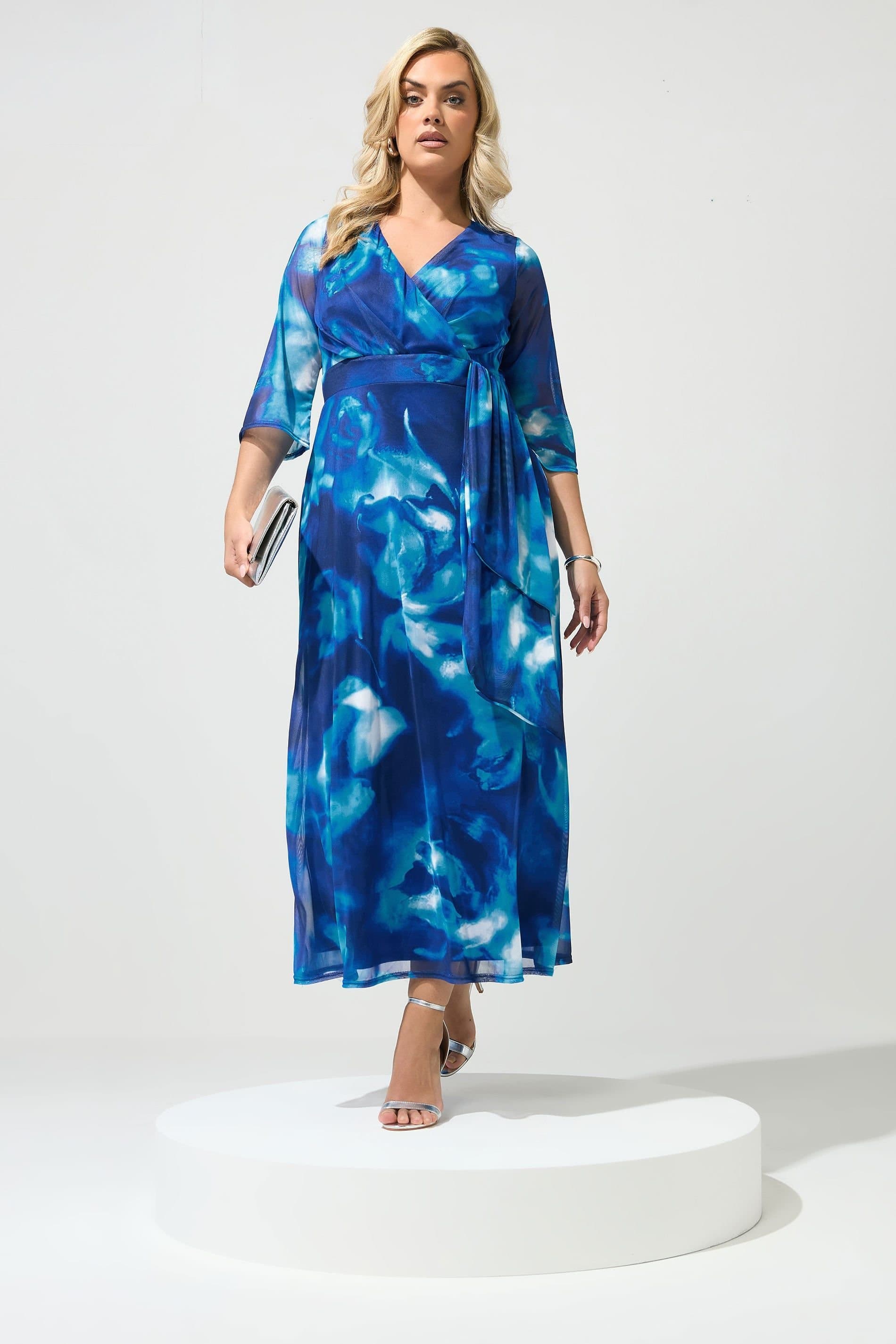 Yours Yours Women's Abstract Mesh Wrap Dress in Cobalt