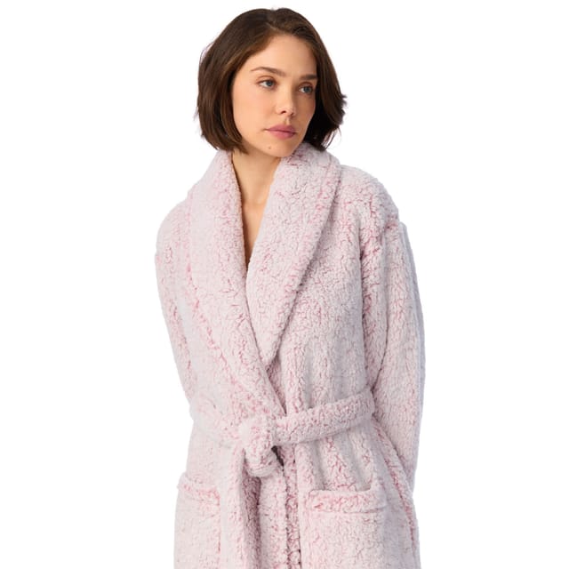 DKNY DKNY Women's 122cm Long Sleeve Shawl Collar Robe in Dusty Mauve Frosted Sherpa - 3