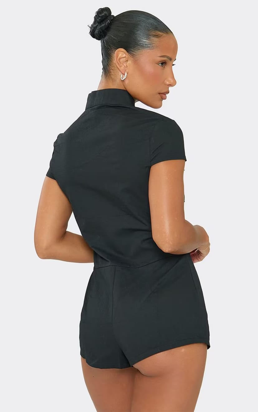 EGO Cap Sleeve Zip Up Front Micro Playsuit In Black, Women's Size UK 6 - 1