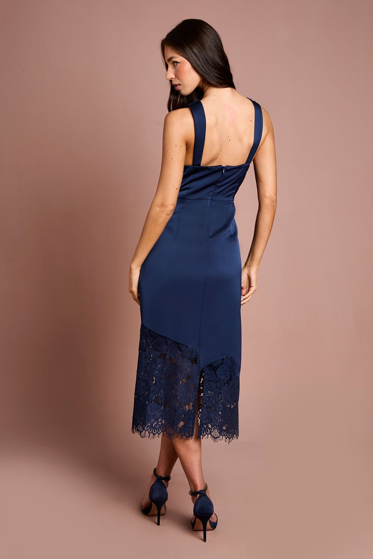 Coast Coast Women's Lace Hem Cross Front Halter Satin Dress in Navy - 3