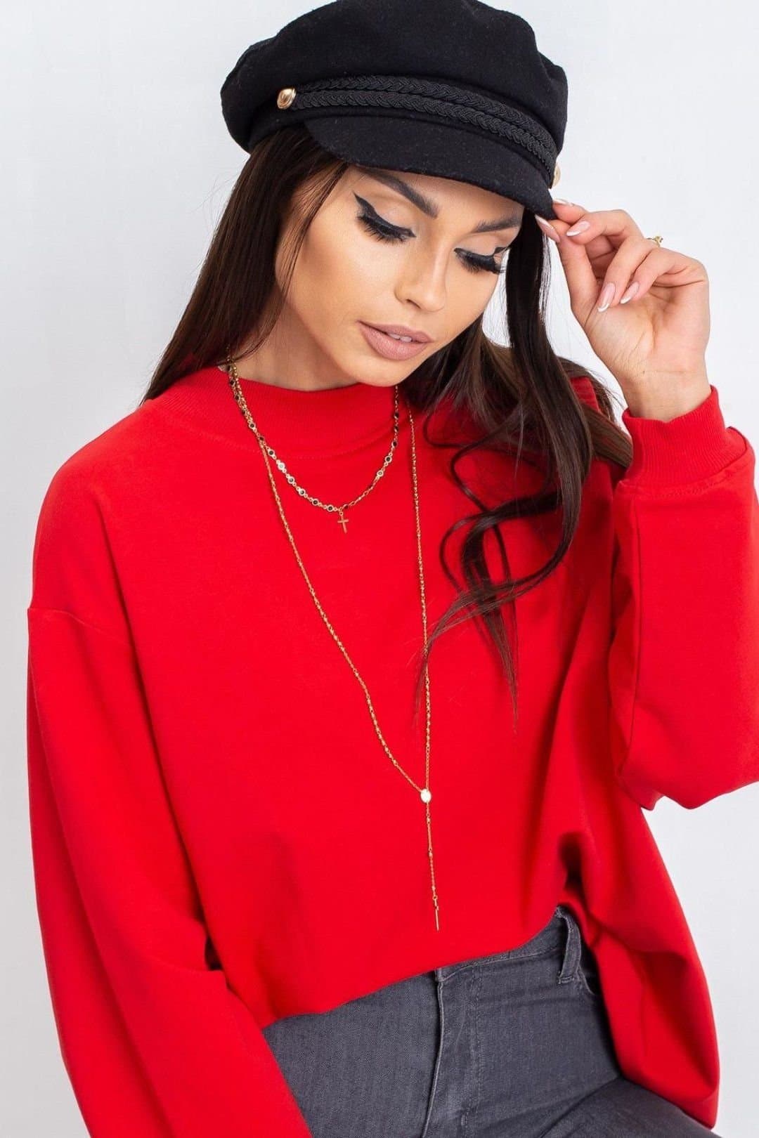 Love Lace Love Lace Women's Cotton Long Sleeve Stand Collar Sweatshirt Style 169760 in Red