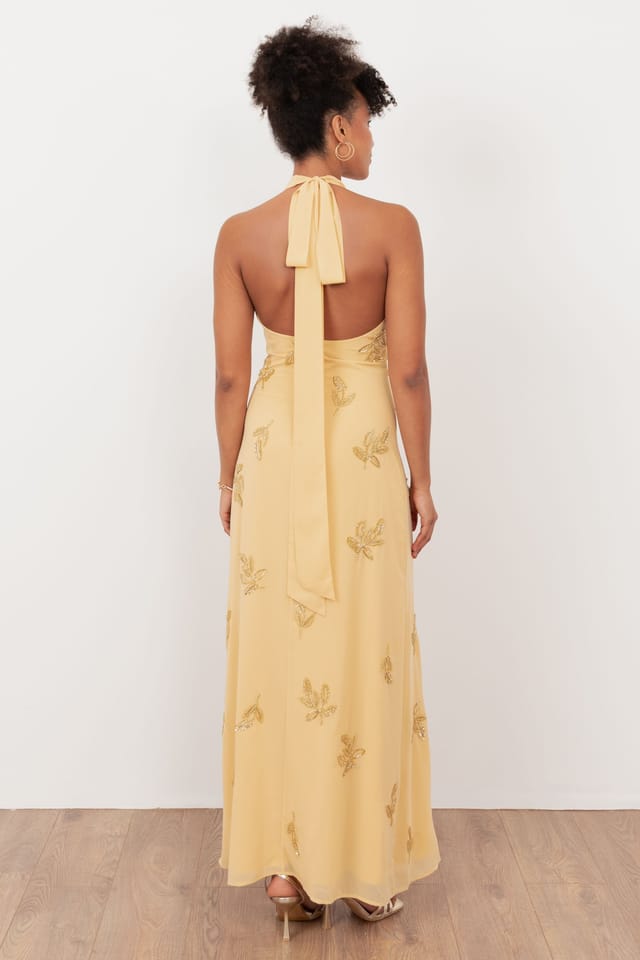 Maya Deluxe Maya Deluxe Women's Embellished Halter Neck Open Back Maxi Dress in Yellow - 2