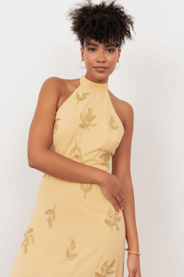 Maya Deluxe Maya Deluxe Women's Embellished Halter Neck Open Back Maxi Dress in Yellow - 3