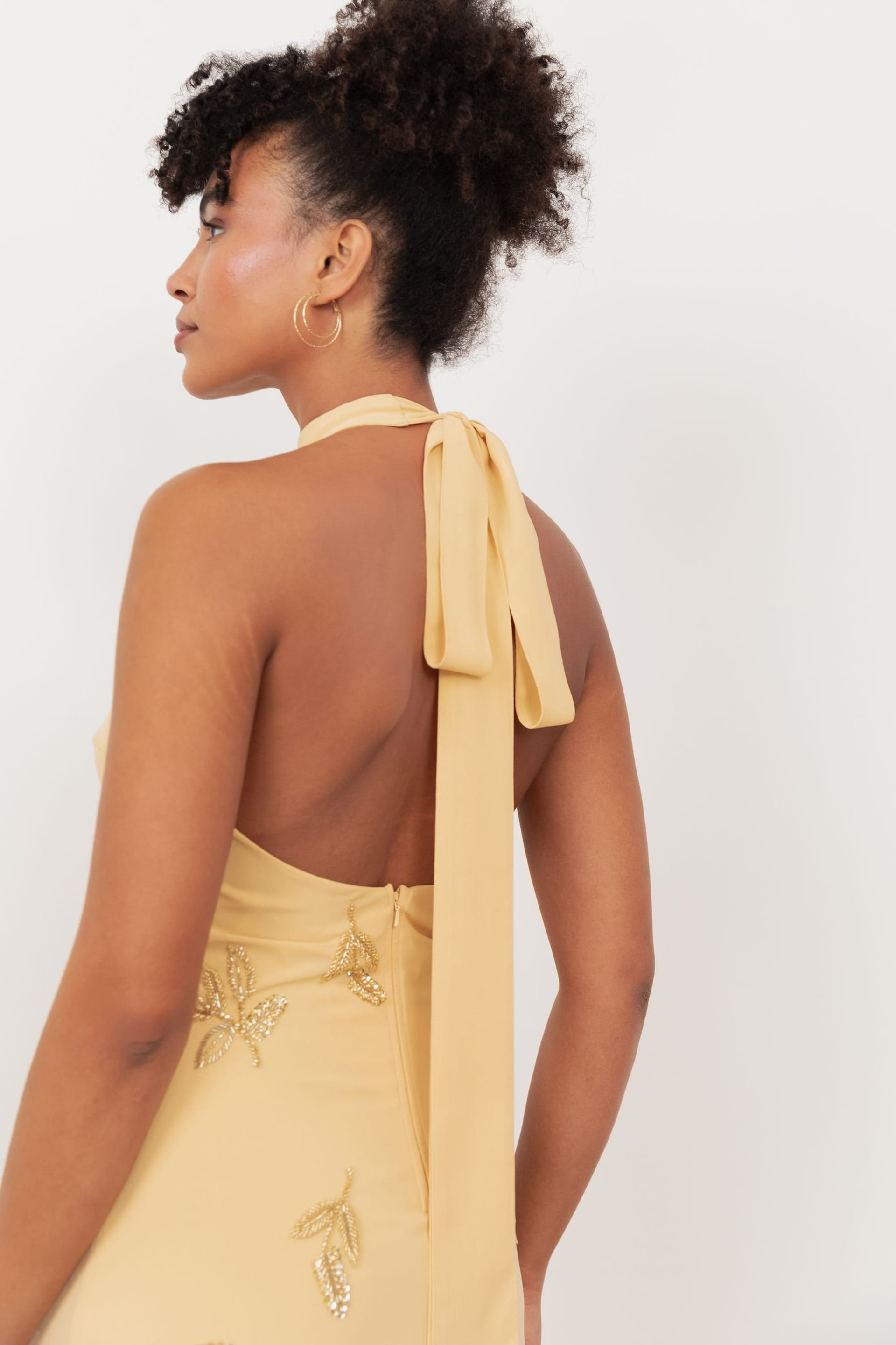 Maya Deluxe Maya Deluxe Women's Embellished Halter Neck Open Back Maxi Dress in Yellow - 4