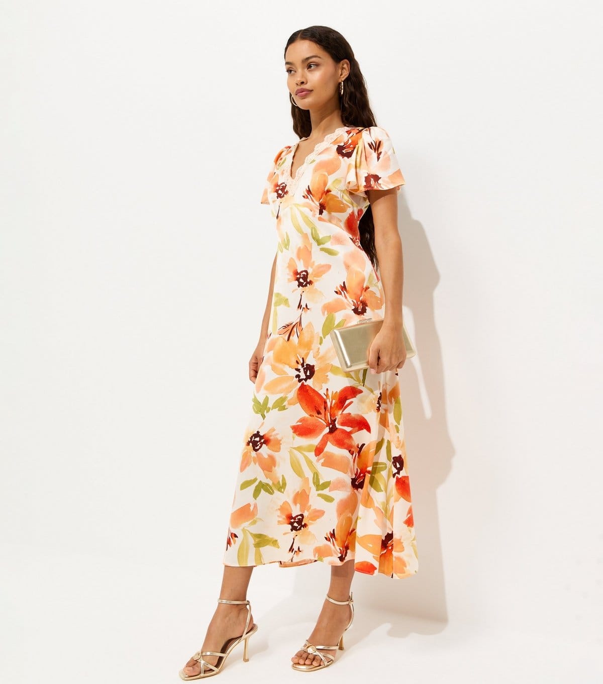 New Look Petite Orange Floral Midi Dress