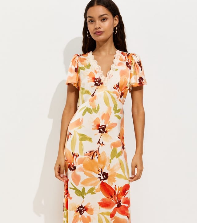 New Look Women's Petite Orange Watercolour Floral Print Flutter Sleeve Midi Dress New Look - 2