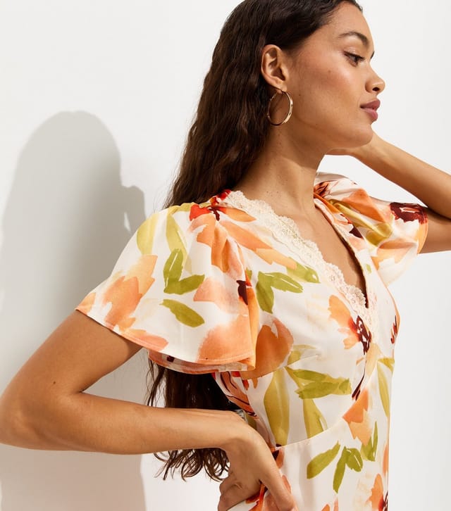 New Look Women's Petite Orange Watercolour Floral Print Flutter Sleeve Midi Dress New Look - 3