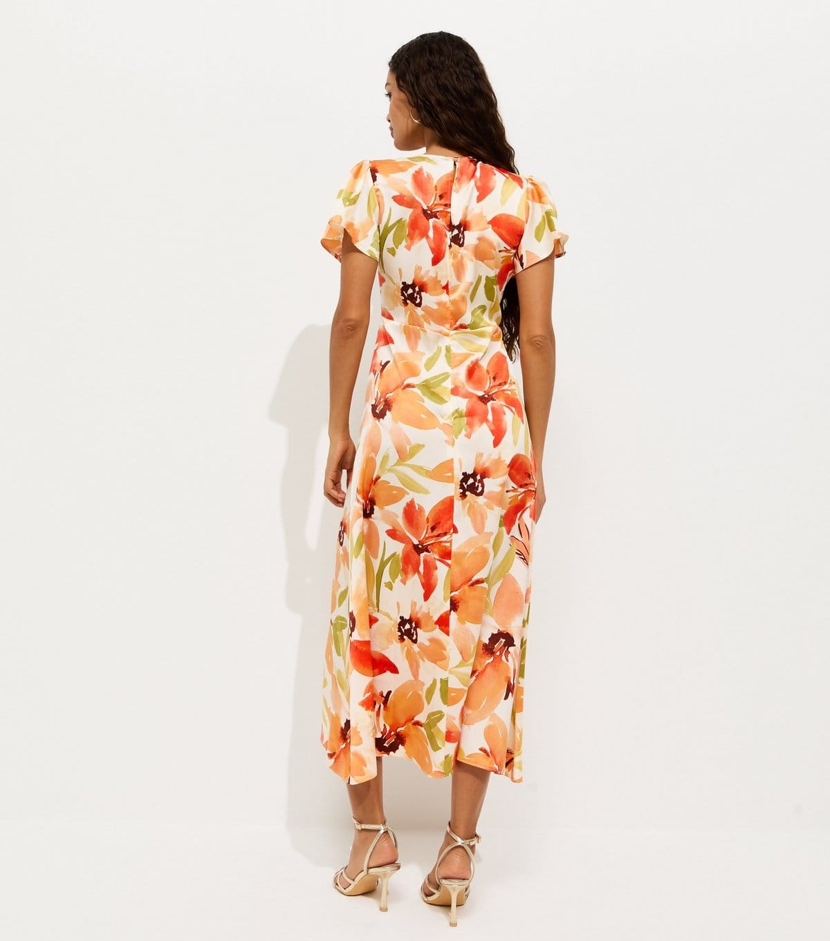 New Look Women's Petite Orange Watercolour Floral Print Flutter Sleeve Midi Dress New Look - 4