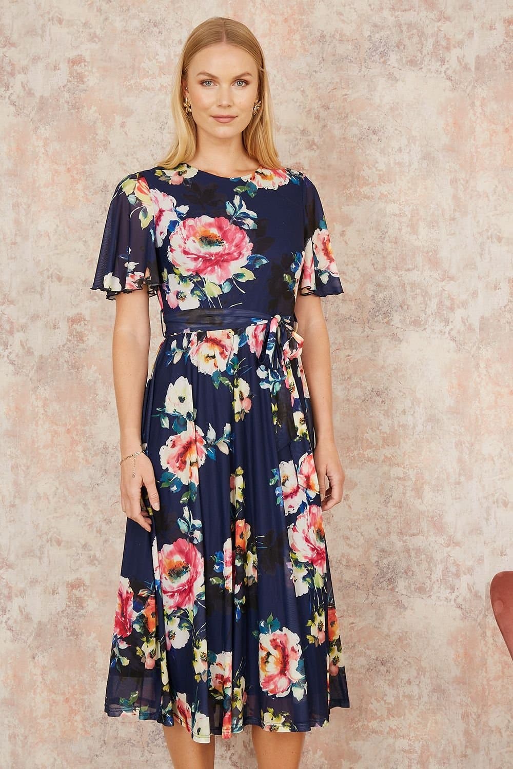 Yumi Yumi Women's Navy Mesh Floral Print Midi Dress With Angel Sleeves
