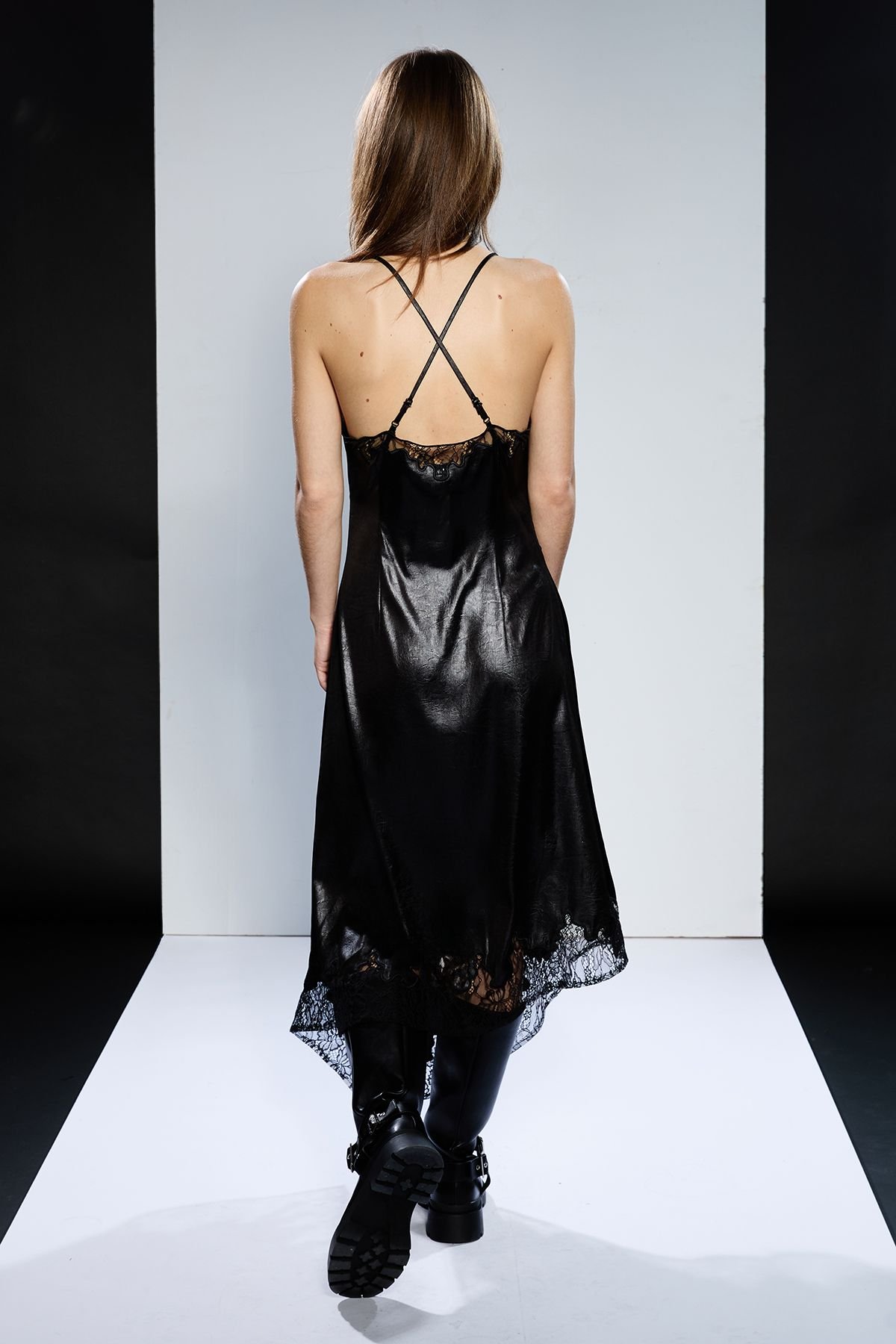 RUNWAY 1.8.1.8 RUNWAY 1.8.1.8 Women's Pu Satin Slip Dress With Lace in Black - 3