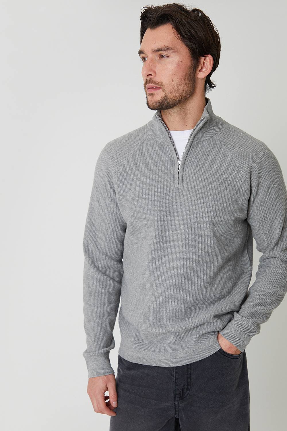 Threadbare Threadbare Men's Waffle Knit Raglan Quarter Zip Jumper in Grey - 3