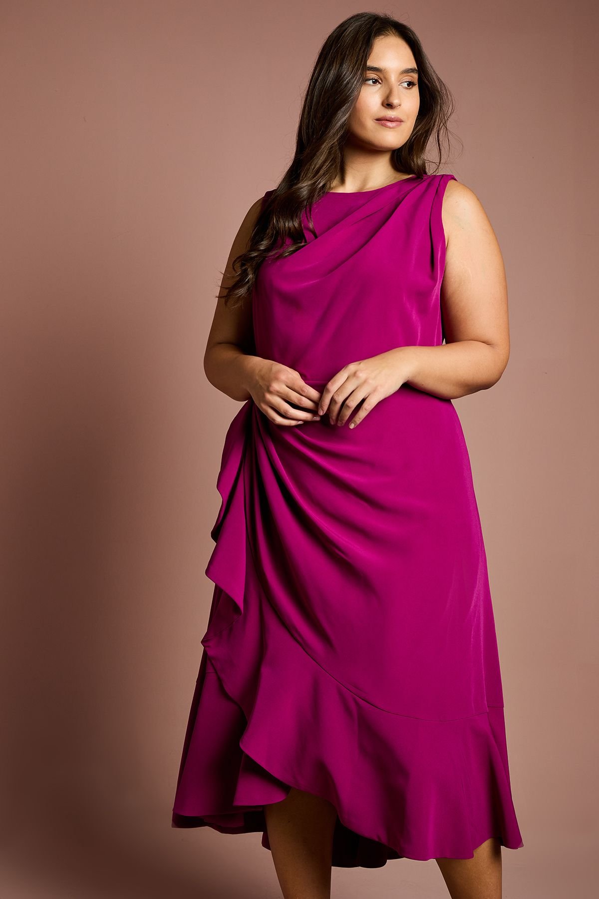 Coast Coast Women's Plus Size Crepe Ruffle Dress in Berry - 4