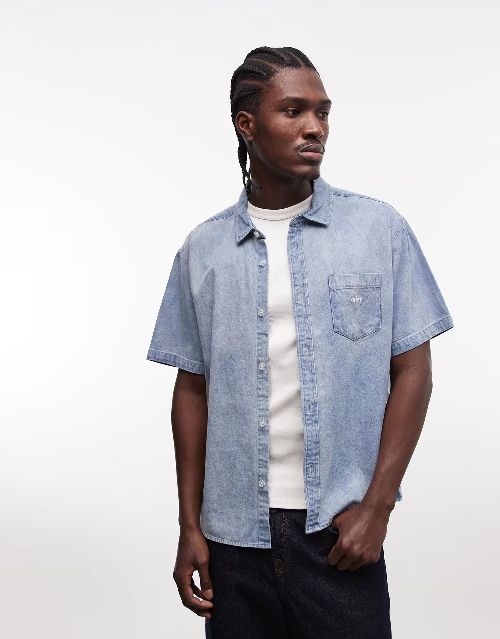 ASOS Obey owens denim short sleeve shirt in bleached indigo