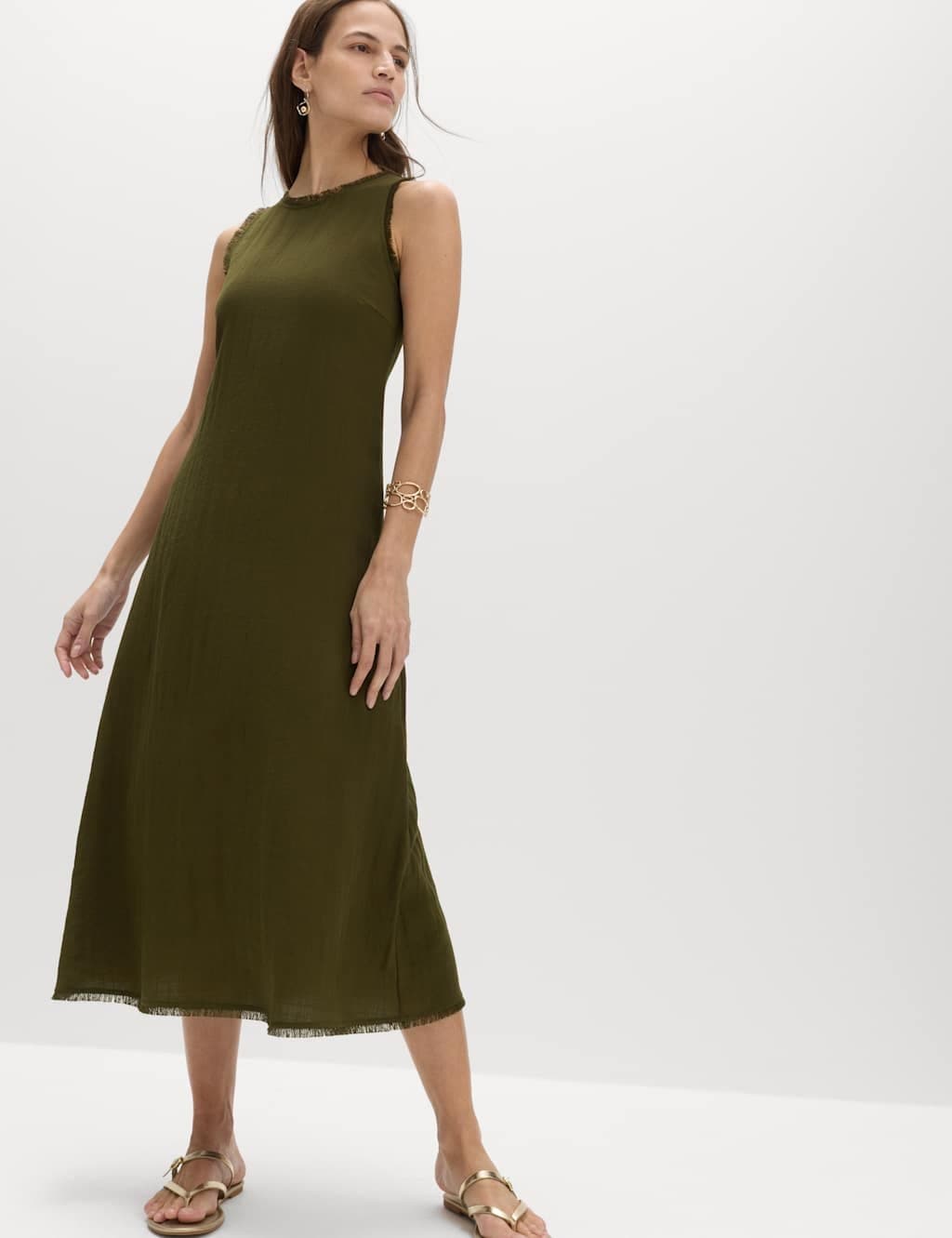 Marks & Spencer M&S Round Neck Fringed Midi Column Dress Khaki