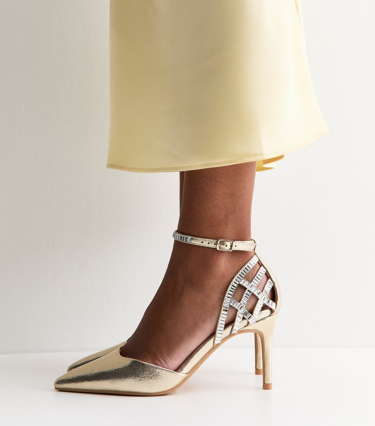 New Look Women's Gold Faux Leather Diamanté Cage Court Shoes Vegan New Look