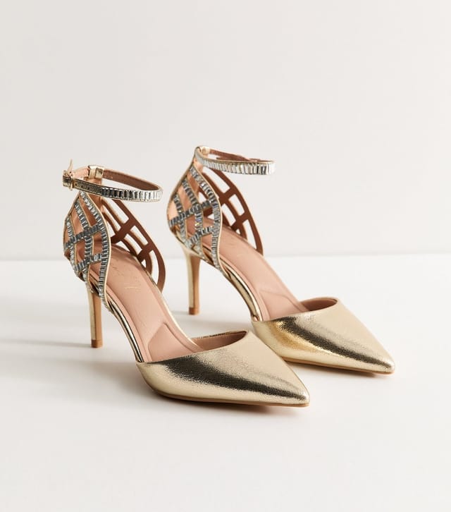 New Look Women's Gold Faux Leather Diamanté Cage Court Shoes Vegan New Look - 3