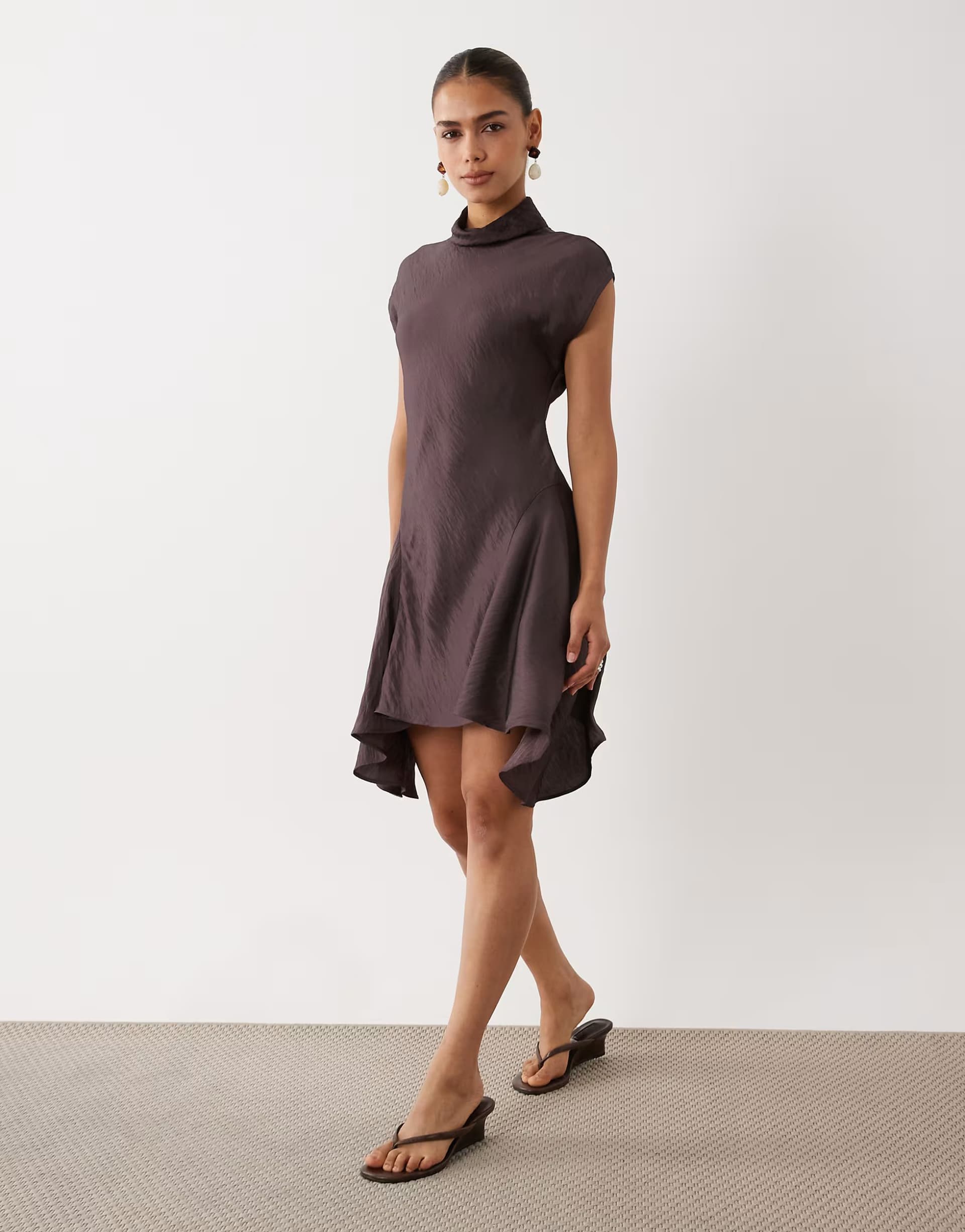 ASOS ASOS DESIGN high neck mini dress with hanky hem in chocolate brown