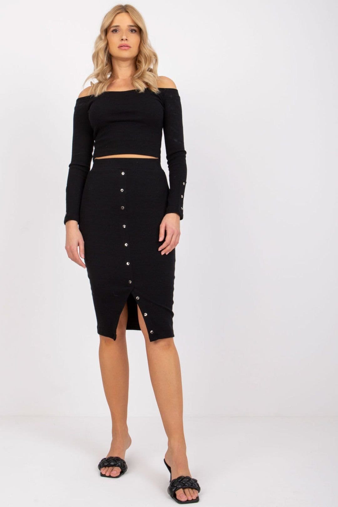 Love Lace Black Ribbed Off-Shoulder Blouse Midi Skirt Set