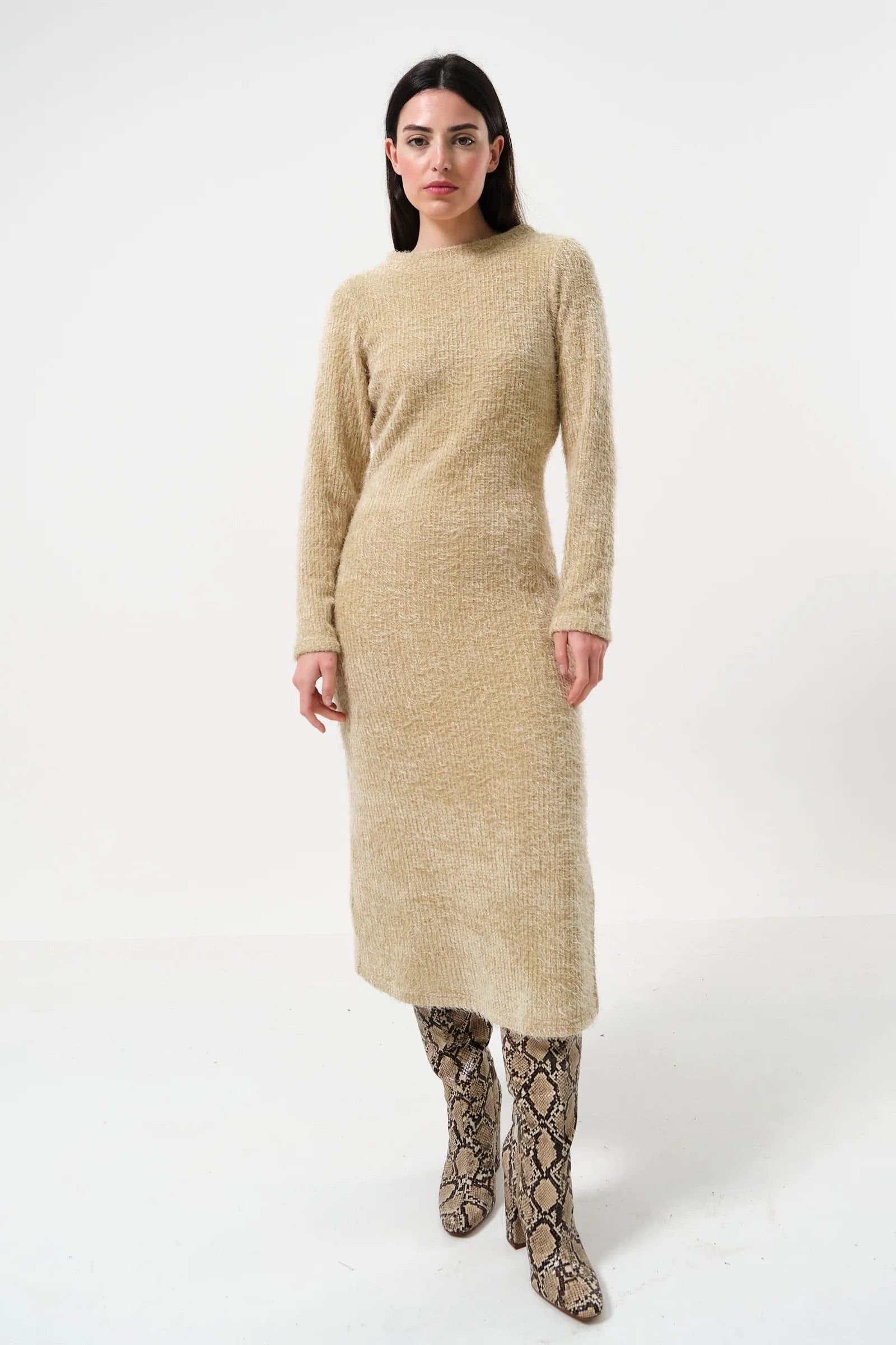 Louche Louche Beige Rib Long Sleeve Midi Dress