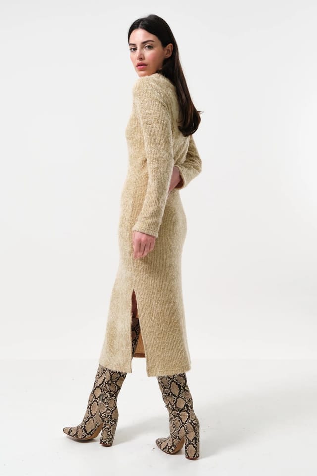 Louche Louche Women's Guila Eyelash Rib Long Sleeve Midi Dress - Beige - 2