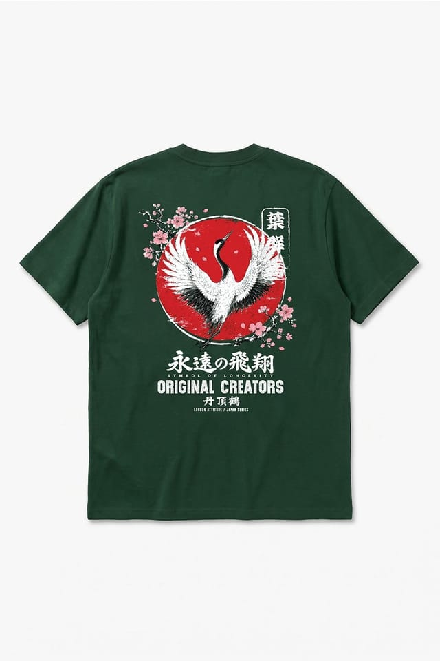LONDON ATTITUDE LONDON ATTITUDE Men's Japanese Crane Oversized Heavyweight Graphic T-Shirt in Green - 2