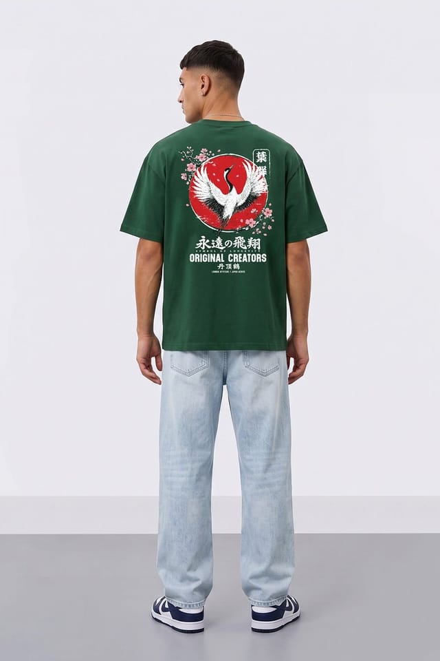LONDON ATTITUDE LONDON ATTITUDE Men's Japanese Crane Oversized Heavyweight Graphic T-Shirt in Green - 3
