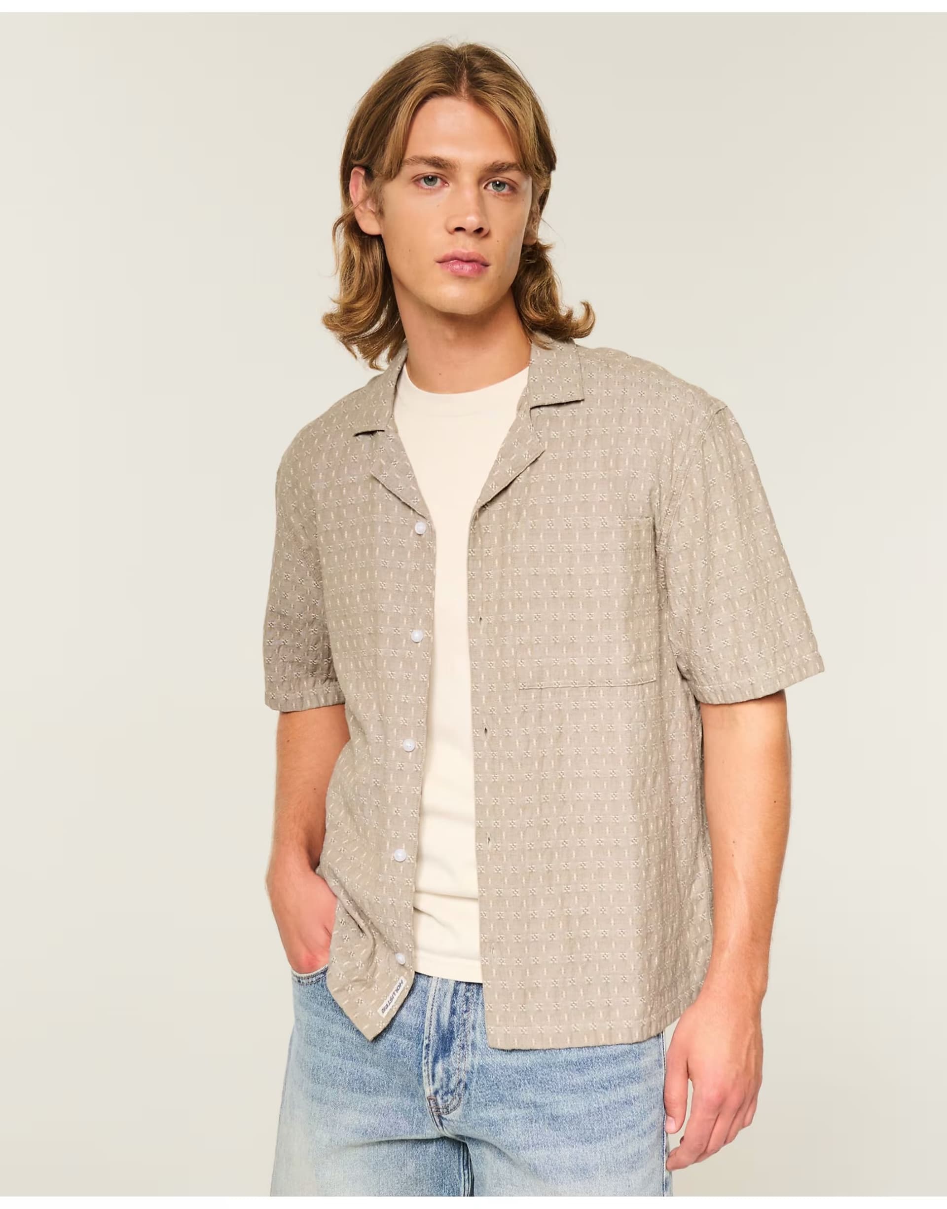 ASOS Hollister Boxy short-sleeve textured button-through shirt in dark tan