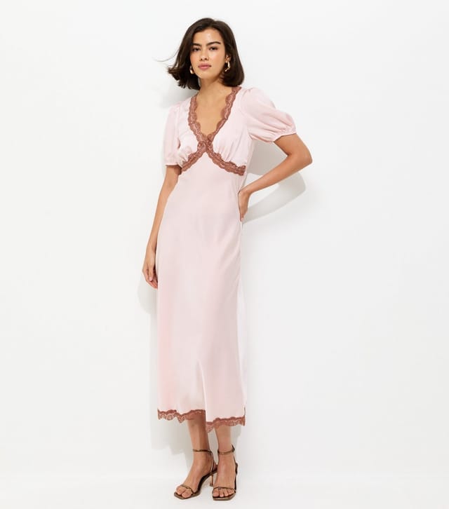 New Look Women's Light Pink Lace Trim Satin Tea Midi Dress New Look - 2