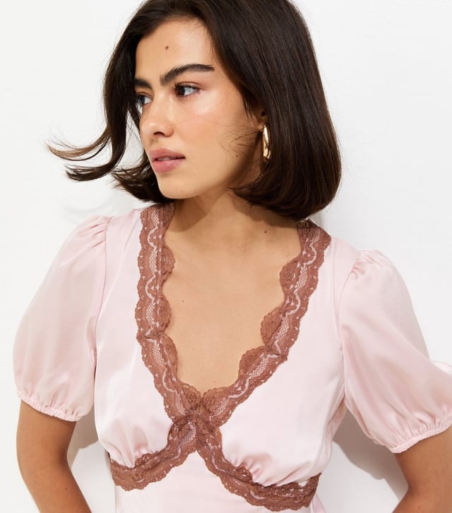 New Look Women's Light Pink Lace Trim Satin Tea Midi Dress New Look - 3