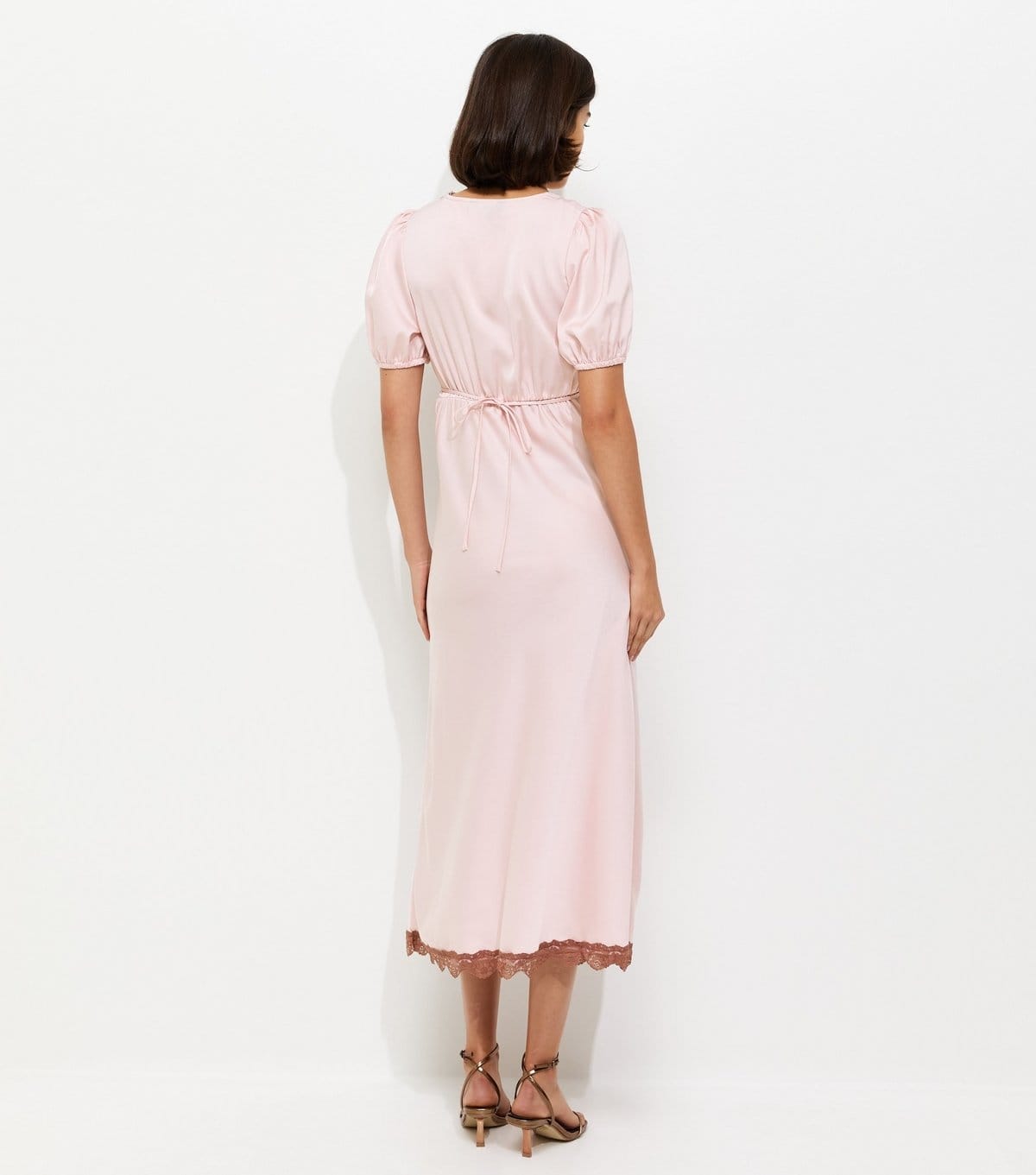 New Look Women's Light Pink Lace Trim Satin Tea Midi Dress New Look - 4