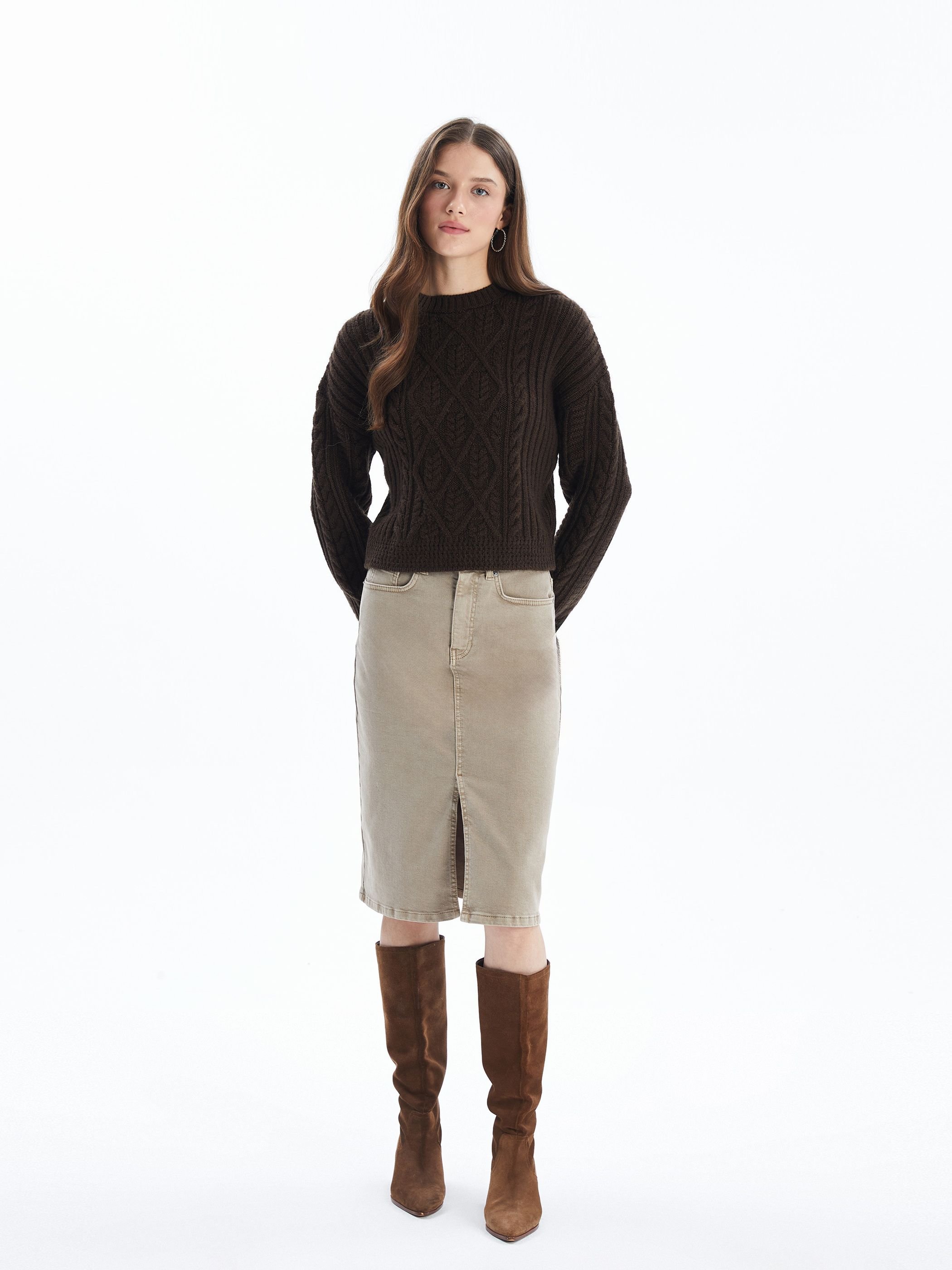 Dexia Dexia Women's Knit Detailed Long Sleeve Jumper Brown - 2